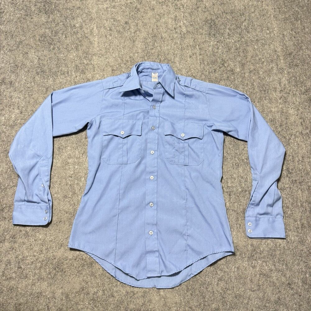 VTG 70s Flying Cross Police Uniform Shirt sz S Slim Fit 15.5 Blue Duro Poplin